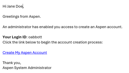Email message inviting someone to create an Aspen account.